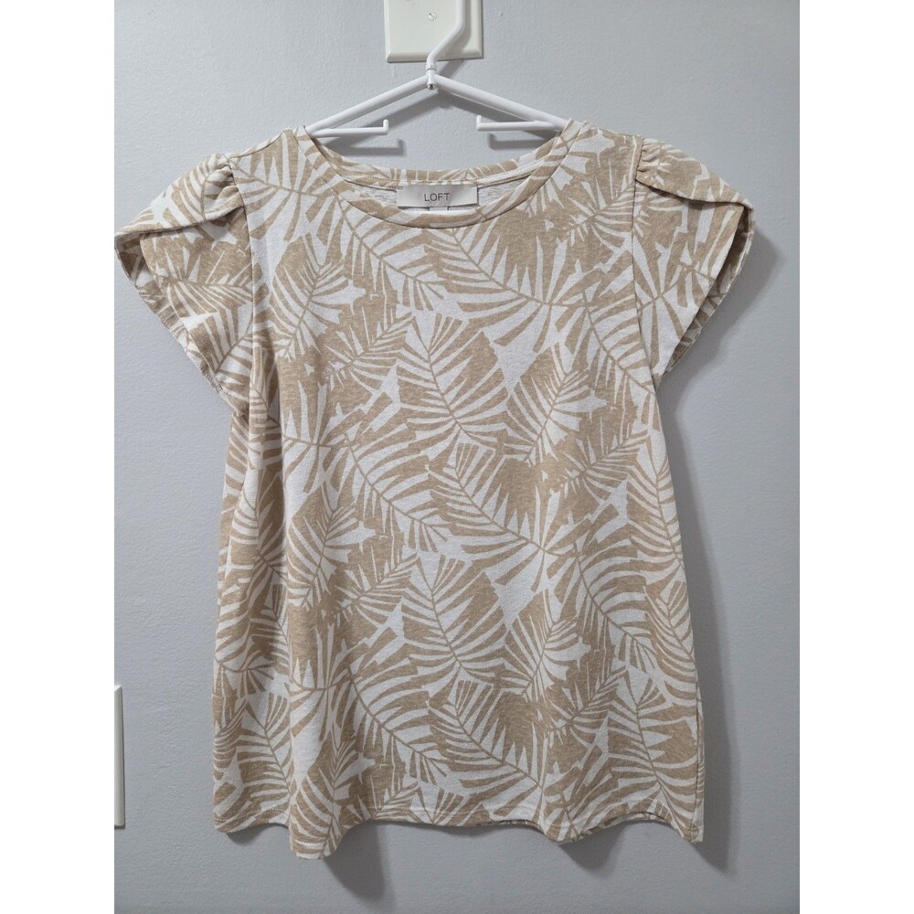 Ann Taylor LOFT Beige White Palm Leaf Tropical Short Sleeve Blouse Women's Small